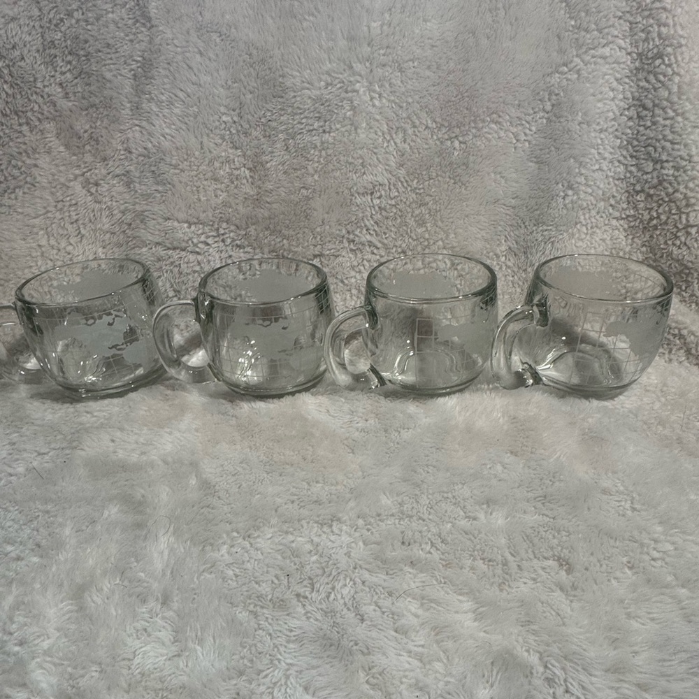 Set Lot Of 4 Vintage Nestle Nescafe World Globe Frosted Glass Coffee Mugs Cups